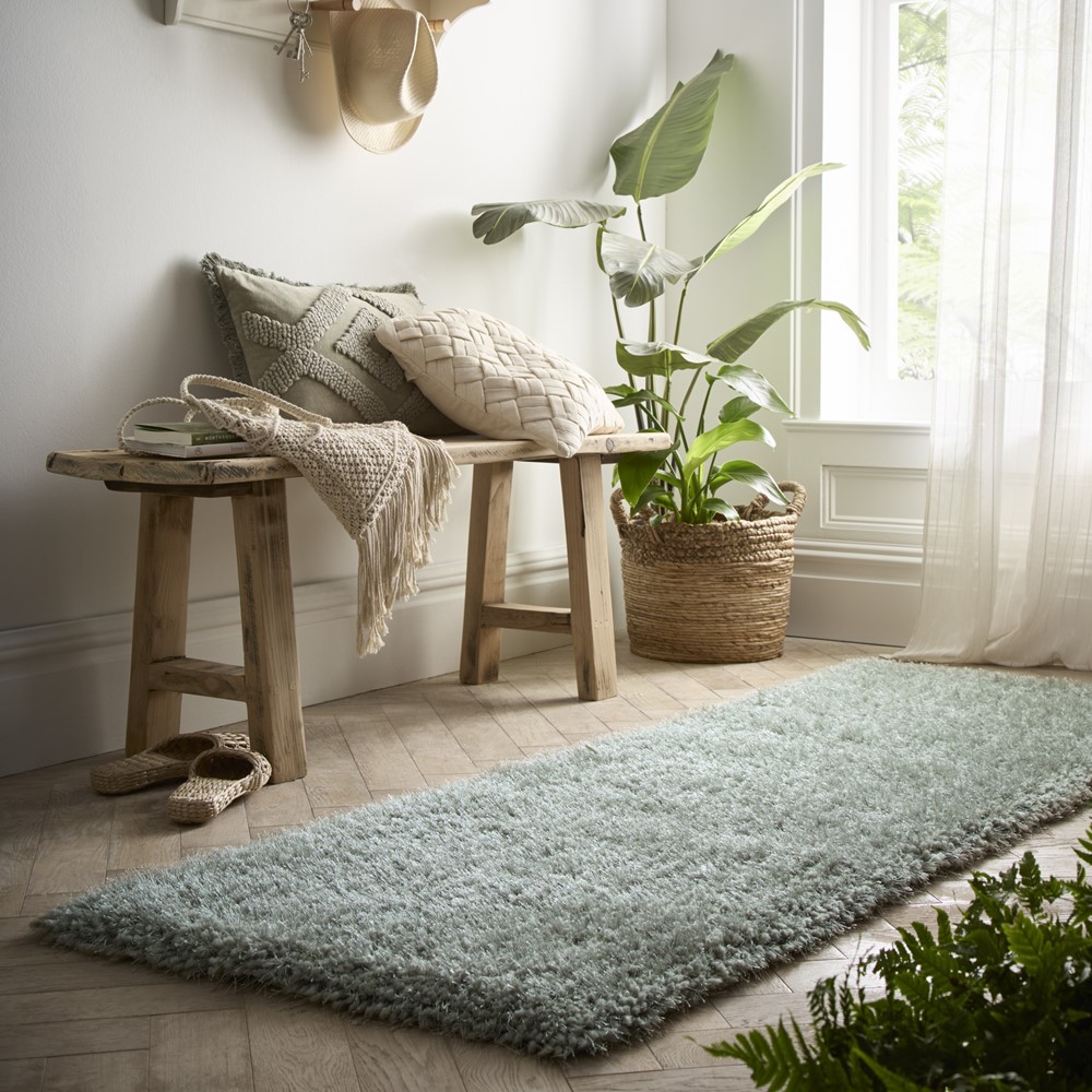 Chicago Shaggy Modern Plain Runner Rugs in Sage Green